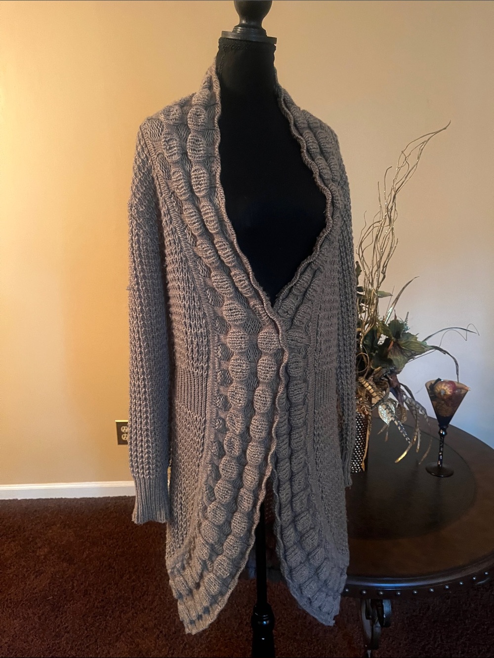 Cable-Knit Open Front Cardigan Sweater in Tan with hand made scarf